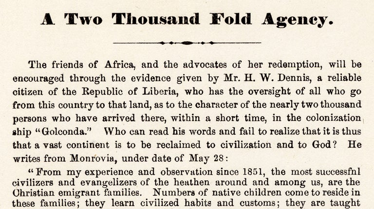[3727117] A Two Thousand Fold Agency. [Liberia, Africa Colonization Schemes]. B F. Romaine, 1820–1874, Rev. Benjamin Franklin Romaine.