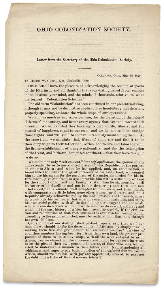 [3727119] Ohio Colonization Society. Letter from the Secretary of the Ohio Colonization Society. [Liberia, Africa Colonization Schemes]. B F. Romaine, 1820–1874, Rev. Benjamin Franklin Romaine, George Gregg.
