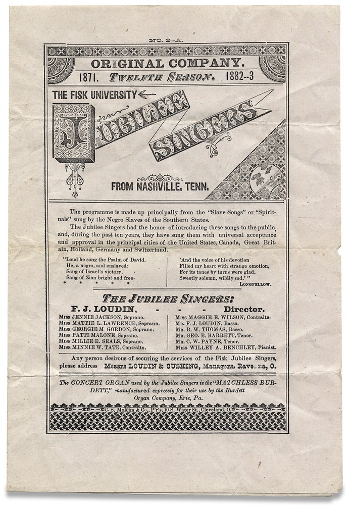 [3727444] The Fisk University Jubilee Singers from Nashville, Tenn. Original Company 1871. Twelfth Season. 1882—3. Fisk Jubilee Singers.