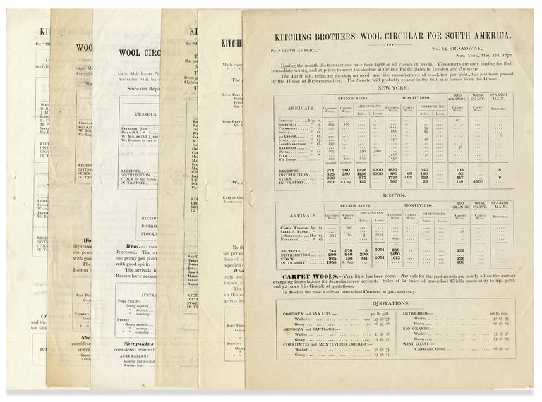 [3727496] [Six New York 1872 Wool Brokers’ Circulars issued by Kitching Brothers; Statistical Data for Imports from South America, Cape of Good Hope, and Australia]. Wool Brokers Kitching Brothers, Ammon P. Kitching.