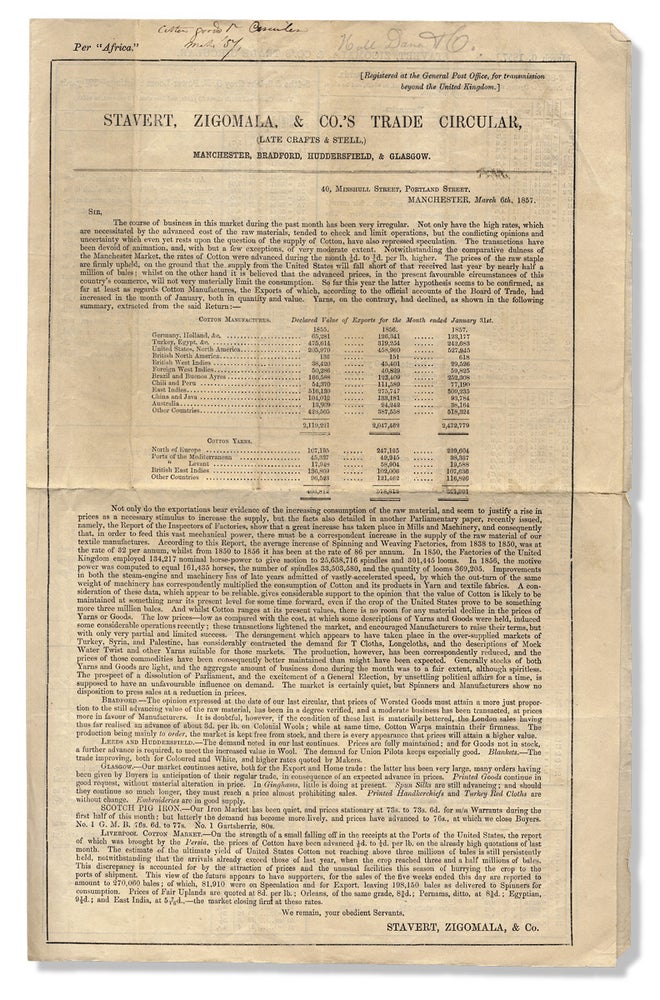 [3727497] Stavert, Zigomala, & Co.‘s Trade Circular .... [1857 Textile Trade Report with Prices; with an 1859 Mobile, Alabama Circular]. Zigomala Stavert, Co.