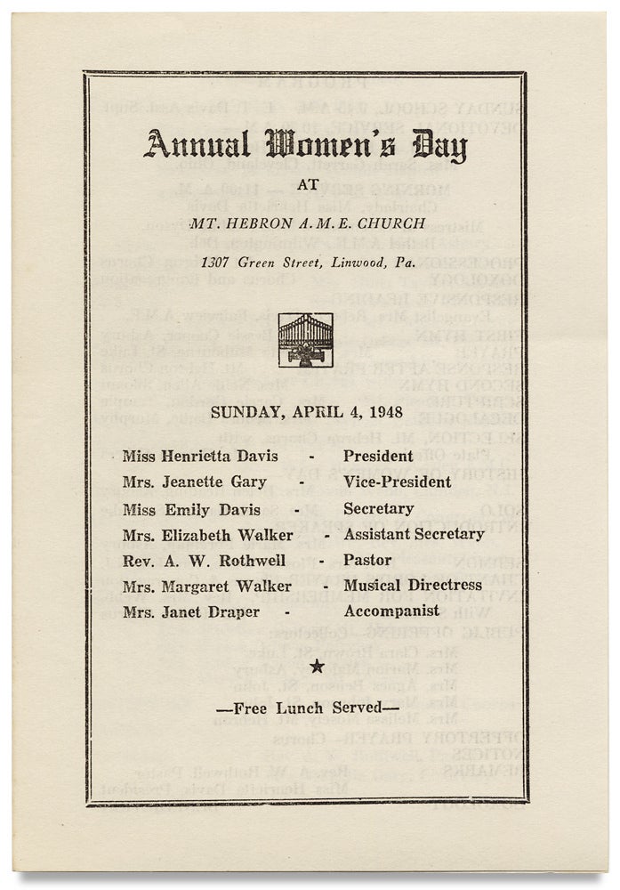 [3727545] Annual Women’s Day at Mt. Hebron A.M.E. Church ... Linwood, Pa., Sunday April 4, 1948.