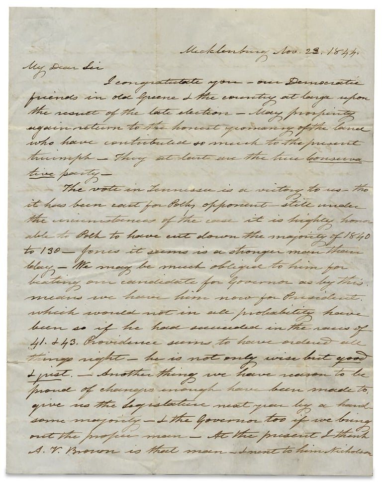 [3728178] [1844 Autograph Letter Signed by James Gettys McGready Ramsey of Mecklenburg, Tennessee concerning Politics in East Tennessee, the Press, and the Recent Election of James K. Polk as U.S. President]. J G. M. Ramsey, 1797–1884, James Gettys McGready Ramsey.