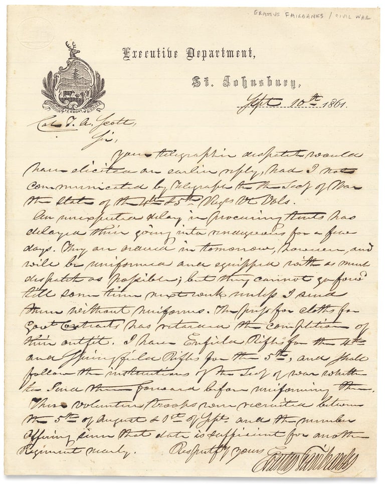 [3728257] [1861 Civil War LS from Vermont Governor Erastus Fairbanks concerning the 4th and 5th Vermont Regiments, to Assistant Secretary of War in charge of Railroad and Telegraph Lines, Col. Thomas A. Scott]. Erastus Fairbanks, 1792–1864, 1823–1881 Thomas Alexander Scott, Col. T. A. Scott.