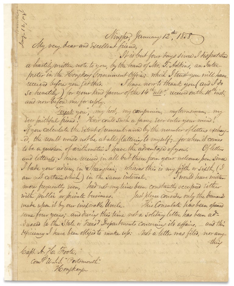 [3728333] [1858 ALS from C.W. Bradley, U.S. Consul in Ningpo, China writing about Consular and Naval Affairs to U.S. Navy Captain A.H. Foote, U.S.N.]. C W. Bradley, U. S. N. (1806–1863 Andrew Hull Foote, Capt. A. H. Foote.