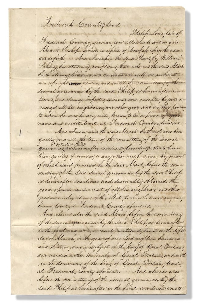 [3728442] [C.1833 Legal Manuscript: Defamation of Character in Maryland, A Public Accusation of Spousal Murder and of “Murdering” American Citizens in the War of 1812]. Plaintiff's Attorney William Schley, 1799–1872.