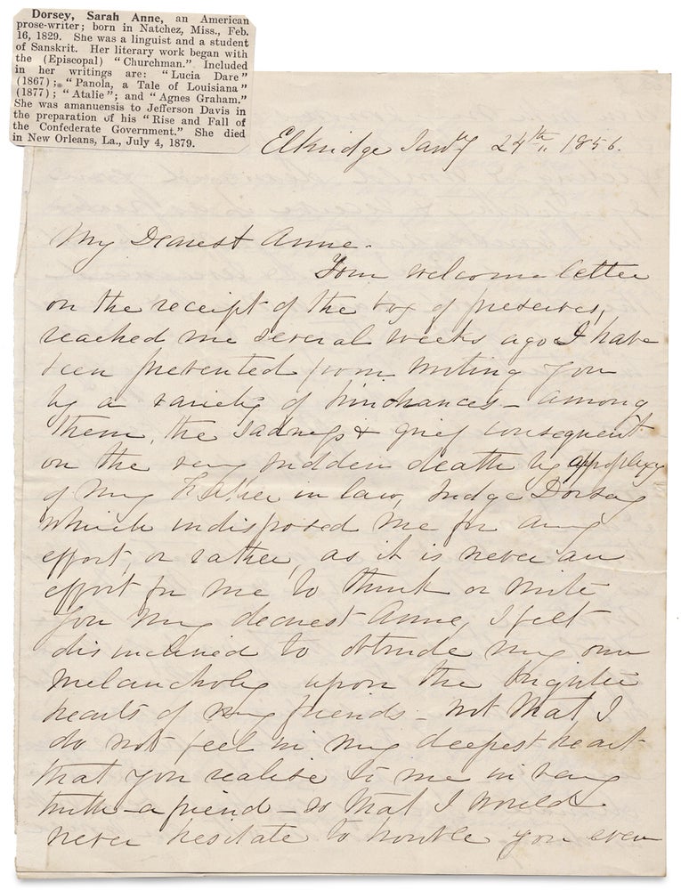 [3728554] [1856 ALS by Sarah Anne Ellis Dorsey, Southern Writer. Likely written to her former teacher, the New York City Literary Hostess of Poe and Emerson, Anne Charlotte Botta, and discussing Southern poet Rosa Vertner Jeffrey]. Sarah A. Dorsey, 1829–1879, 1815–1891, Sarah Anne Ellis Dorsey, Anne Charlotte Botta.