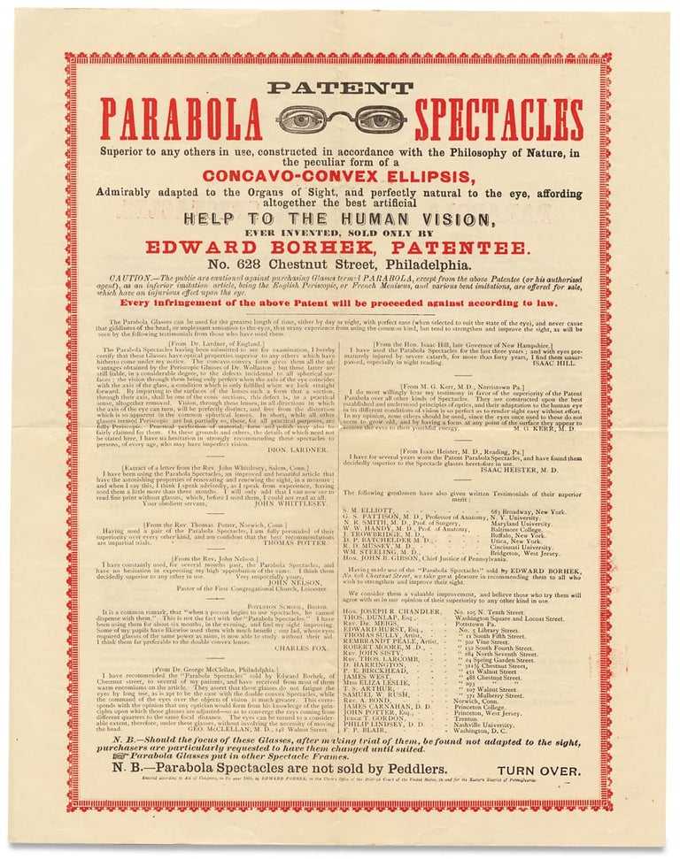 [3728561] Patent Parabola Spectacles…affording altogether the best artificial Help to the Human Vision… [opening lines of broadsheet]. Patentee Edward Borhek.