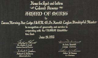 Home for Aged and Infirm Colored Persons Award of Merit to Tuscan Morning Star Lodge F. & A.M. 48… [certificate]