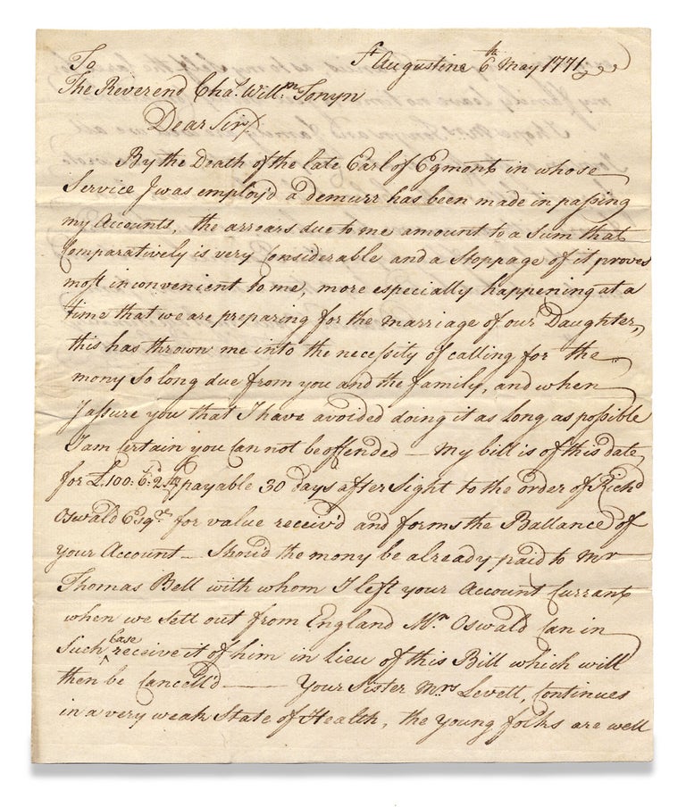 [3729301] [1771 Autograph Letter Signed by Francis Levett, Pioneer Florida Settler and Royal Councilor and Judge of the British East Florida Colony]. Francs. Levett, ?–c.1775, 1728–1805, Francis Levett Sr., The Reverend Charles William Tonyn.