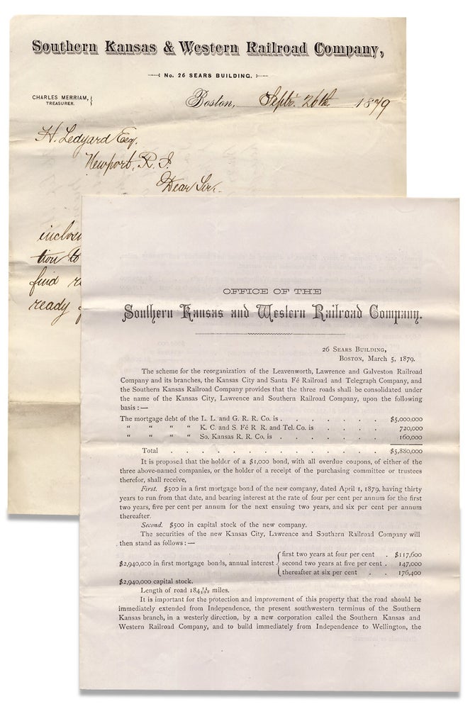 [3729438] Office of the Southern Kansas and Western Railroad Company. [opening lines of investment circular; with related letter]. Treasurer Chas. Merriam, Charles Merriam.