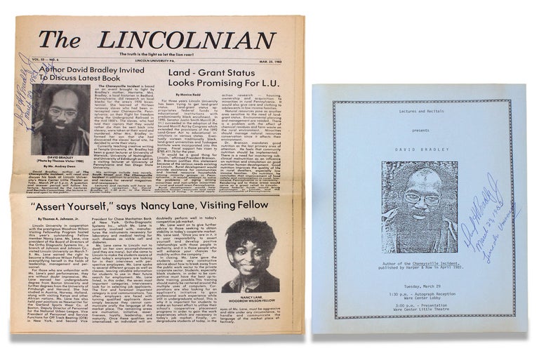 [3729659] [Signed Lincoln University Broadside and Newspaper for a Lecture by David Bradley, author of the PEN/Faulkner Award-winning Novel, “The Chaneysville Incident.”]. David Bradley, Audrey Dean, b.1950, Lincoln University.