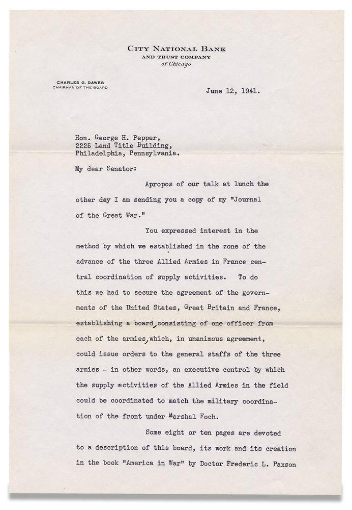 [3729693] Typed Letter Signed by Charles G. Dawes, 20th Vice President of America, Banker, Nobel Prize recipient. Charles G. Dawes.