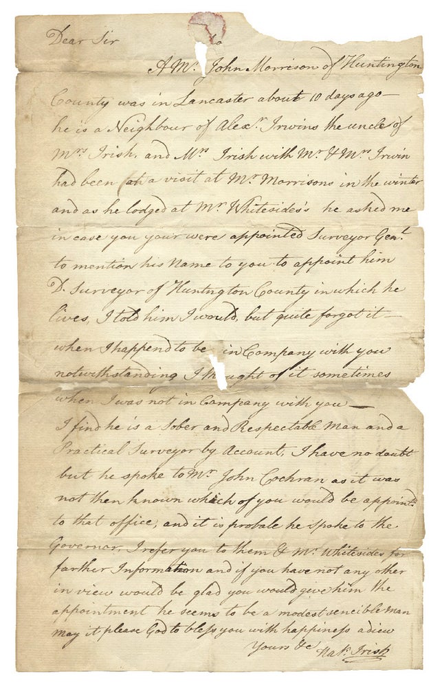 [3729724] [C.1809–1813 Autograph Letter Signed by Nathaniel Irish to General Andrew Porter, both former Revolutionary War Officers and Founding Members of the Society of the Cincinnati]. Nat. Irish, 1737–1816, 1743–1813, Nathaniel Irish, Andrew Porter.