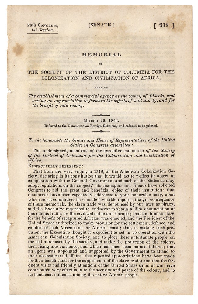 [3729747] Memorial of The Society of the District of Columbia for the Colonization and Civilization of Africa, praying The establishment of a commercial agency at the colony of Liberia…. James Laurie.