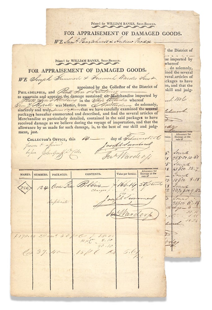 [3729782] For Appraisement of Damaged Goods. [two partly-printed forms “Printed for William Banks, Ship-Broker.”]. D. Collr John Graff, c.1760–?, Deputy Collector of Customs John Graff.