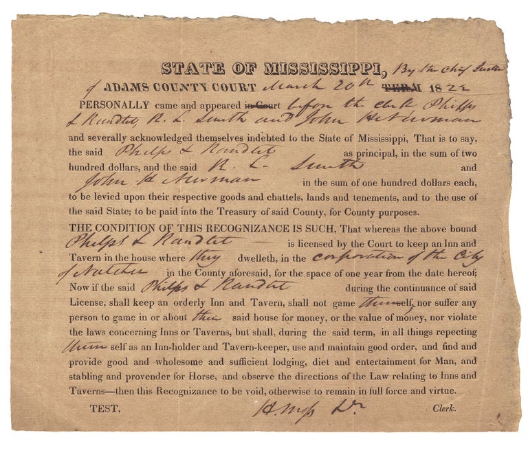 [3729787] [1822 Natchez, Mississippi Inn and Tavern License; Partly Printed Document]. Clerk H. Moss, A. Howell Moss.