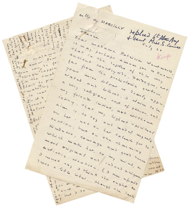 [3729792] [Two Fan Letters from a Woman to British Crime Fiction Writer Patricia Wentworth discussing Wentworth’s heroine, Private Detective Miss Maud Silver, Spinsters, and Wentworth’s book “Miss Silver Comes to Stay”]. Francine de Marcilly, 1877–1961, a. k. a. Patricia Wentworth Dora Amy Elles.