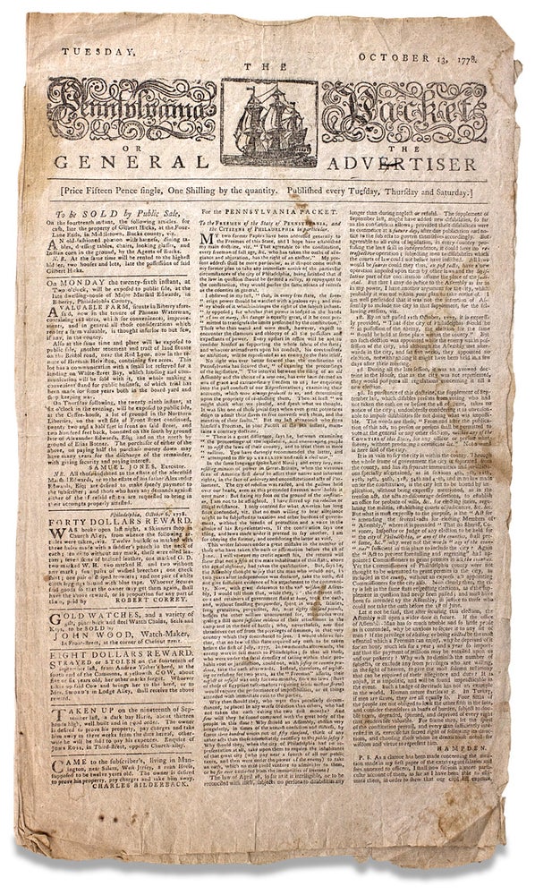 [3729804] [Oaths of Allegiance and Elections in Revolutionary War Philadelphia; Congress Supplies the Army and Suppresses Vice] The Pennsylvania Packet or The General Advertiser, Tuesday, October 13, 1778. John Dunlap.