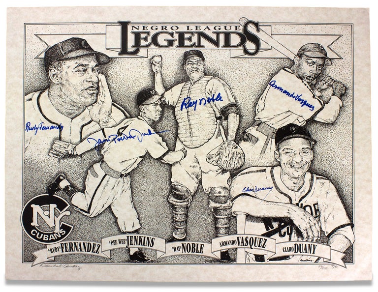 [3729815] Negro League Legends. [limited edition print autographed by 5 New York Cubans players]. “Pee Wee” Jenkins “Rudy” Fernandez, Armando Vasquez, “Ray” Noble, Claro Duany, R. Michael Armstrong.