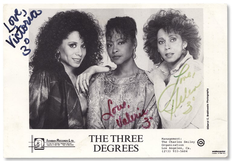 [3729816] The Three Degrees. [caption title of publicity card for an all-women’s vocal trio]. Valerie Holiday Helen Scott, Victoria Wallace.