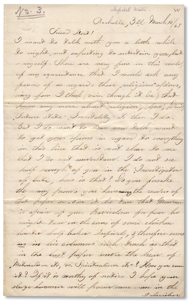 [3729891] [1865 Autograph Letter Signed by Freethinker and Atheist Otto Wettstein of Rochelle, Illinois, the “Father of Materialism in America”]. Otto Wettstein, 1838–1928.