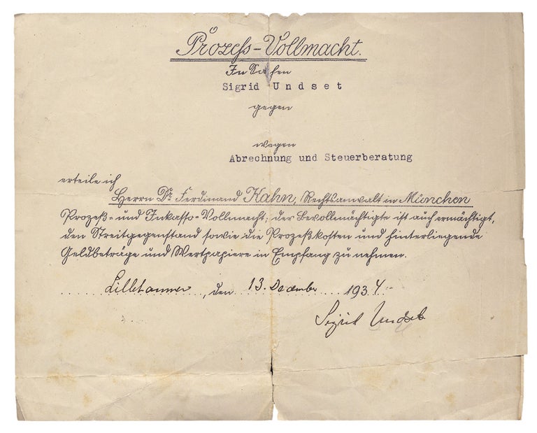 [3729916] [1934 Document Signed by Sigrid Undset,  Nobel Literature Laureate, giving Her Power of Attorney]. Sigrid Undset, 1882–1949.
