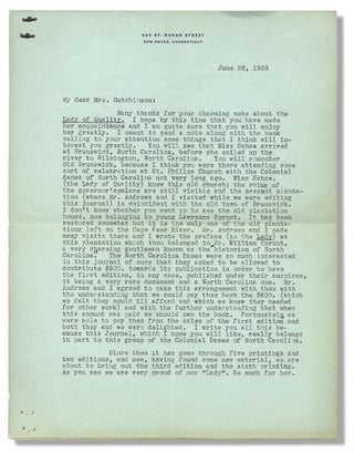 3729950] [Typed Letter Signed by Historian Evangeline W. Andrews, discussing North Carolina and...