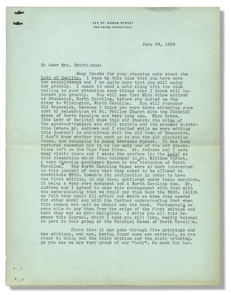 [3729950] [Typed Letter Signed by Historian Evangeline W. Andrews, discussing North Carolina and the Publishing of Her Book “Journal of a Lady of Quality”]. Evangeline W. Andrews, 1870–1962, Evangeline Walker Andrews.