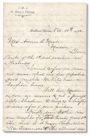 3729963] [1892 Autograph Letter Signed by School Founder John Downey, i.e., Brother Sabinian,...