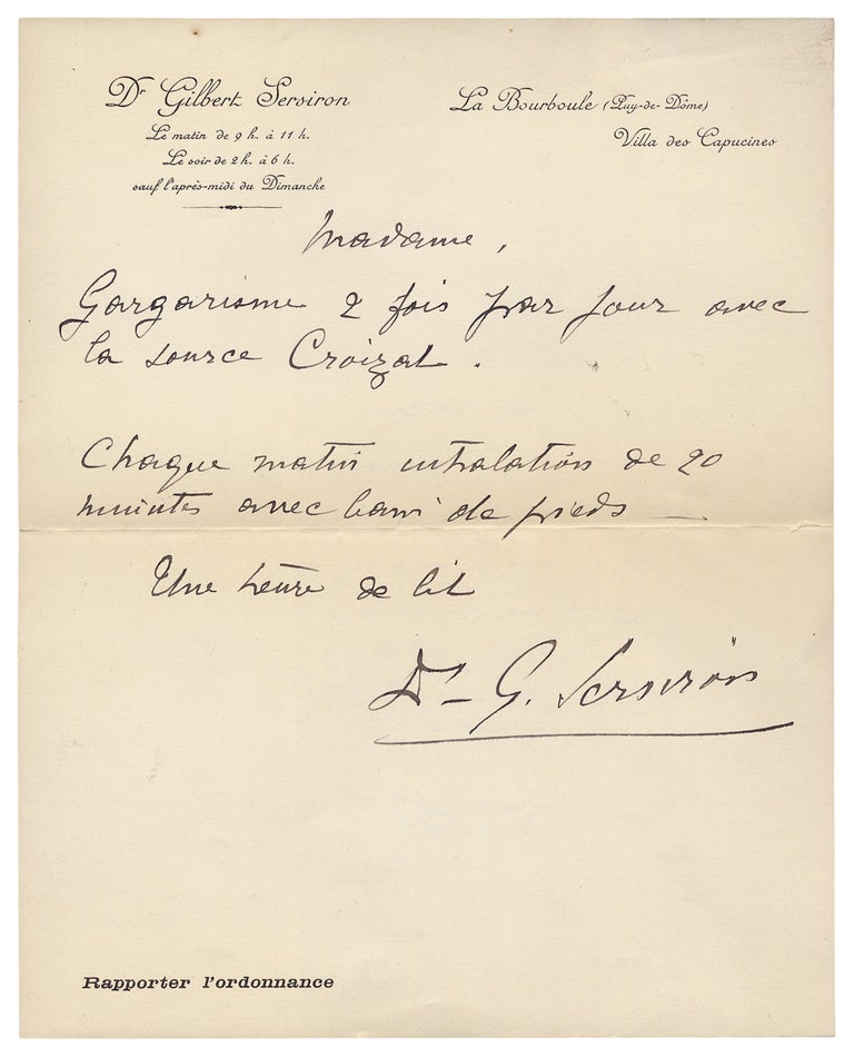 [3729967] [Medical Symbols: Autograph Note Signed by Dr. Gilbert Sersiron, Anti-Tuberculosis Crusader]. Dr. G. Sersiron, b.1871, Gilbert Sersiron.