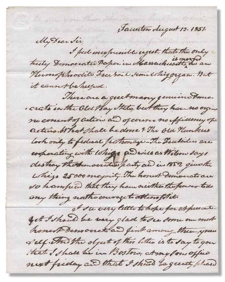 [3730039] [1851 Autograph Letter Signed by Marcus Morton, Massachusetts Governor, Supreme Court Judge, and Democratic Politician]. Marcus Morton, 1784–1864, 1817–1880, Esqr James M. Stone.