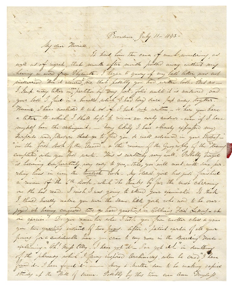 [3730041] [1843 Autograph Letter Signed by M.E. Ellison of Providence, Rhode Island to Her friend in Plymouth, New Hampshire discussing Books, Library Cataloging, Lectures by a Polish Military Officer, and a visit by President John Tyler]. M E. Ellison, “Elly”.