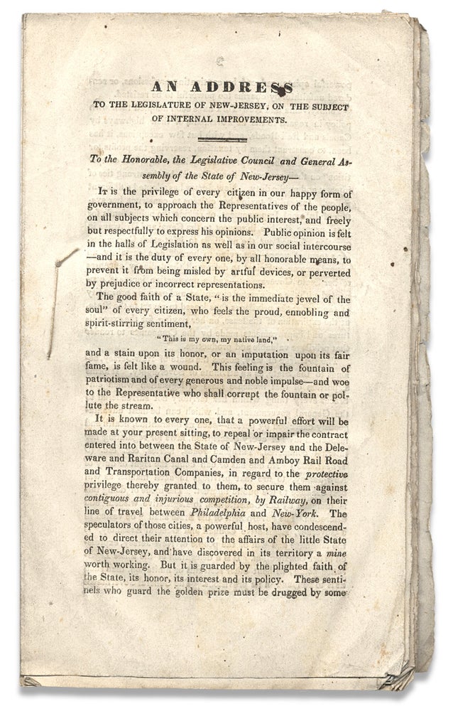 [3730214] An Address to the Legislature of New-Jersey, on the Subject of Internal Improvements [caption title]. “Livingston”.