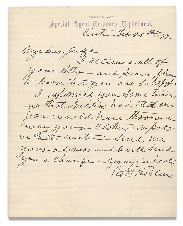 [3730336] [1892 Autograph Letter Signed by Robert James Harlan, Black American Civil Rights Leader.]. Robert James Harlan, 1816–1897.