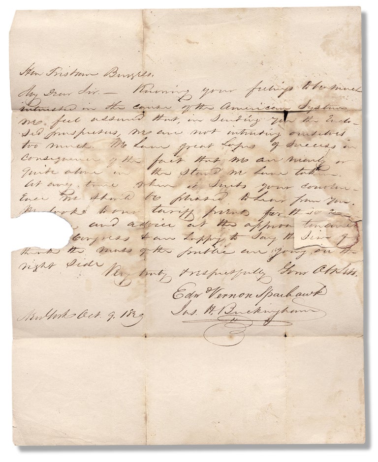 [3730366] [1829 Letter Signed by Edward Vernon Sparhawk, Poet, Editor, and Contemporary of Edgar Allan Poe, discussing the “American System” of Economics]. Edward Vernon Sparhawk, Joseph H. Buckingham, 1798–1838, 1770–1853, Tristam Burges.