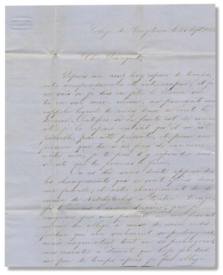 [3730368] [1853 Autograph Letter Signed by Georgetown College Student Louis A. Greneaux of Louisiana]. L A. Greneaux, 1835–1861?, Louis A. Greneaux.