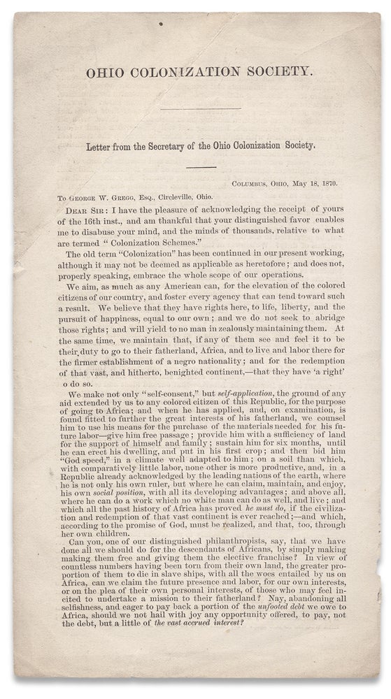[3730375] Ohio Colonization Society. Letter from the Secretary of the Ohio Colonization Society. [Liberia, Africa Colonization Schemes]. B F. Romaine, 1820–1874, Rev. Benjamin Franklin Romaine, George Gregg.