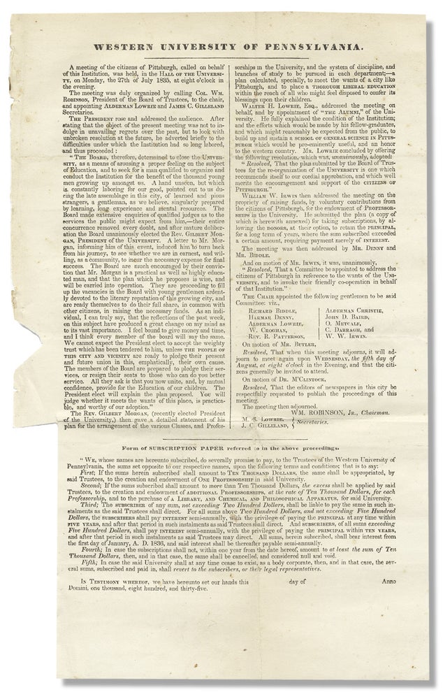 [3730411] [1835 Subscription Circular for the Western University of Pennsylvania, now the University of Pittsburgh.].