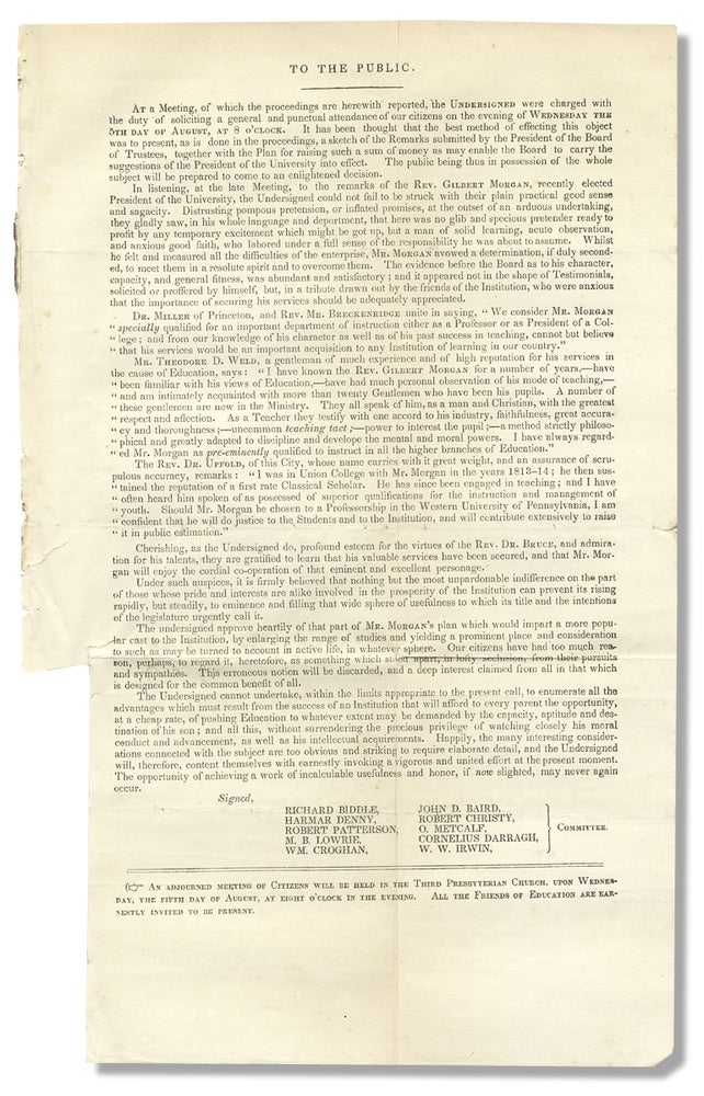 [3730412] To the Public. [1835 Circular for the Western University of Pennsylvania, now the University of Pittsburgh.].