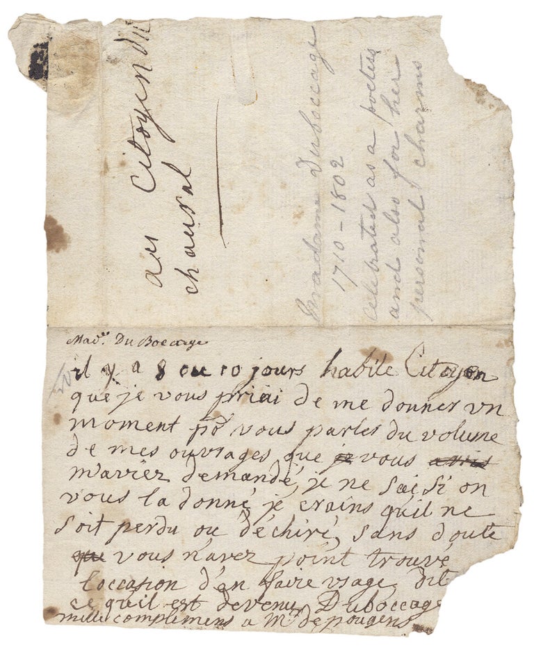 [3730571] [Autograph Note Signed by Anne-Marie du Boccage, 18th-Century French Writer, Poet, Playwright, and Saloniste]. Duboccage, 1710–1802, Anne-Marie du Boccage.