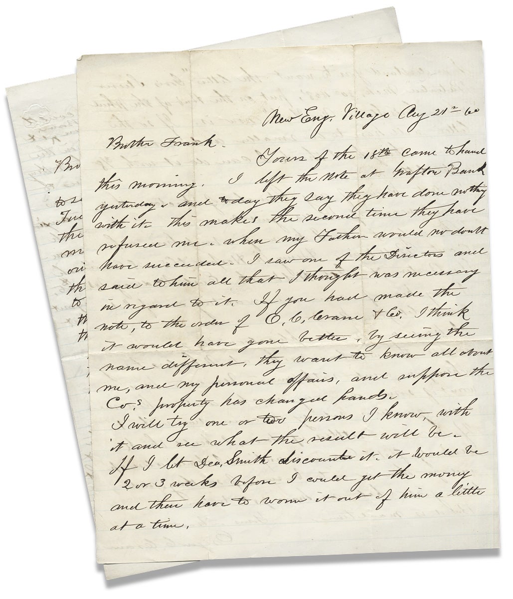 Two 1860 Letters by Origen C. Crane, Massachusetts machinist discussing ...
