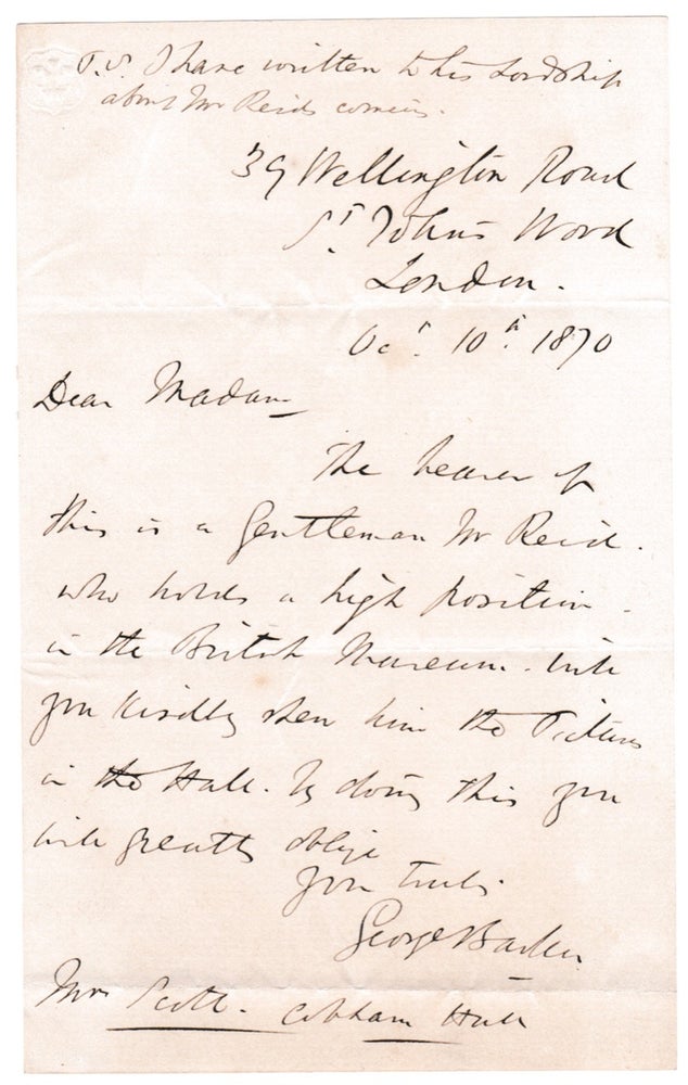 [3731179] [Autograph Letter Signed by George Barker, Jr., British Artist and Picture Restorer who once proposed Marriage to Writer George Eliot]. George Barker, 1818–1883, George Barker Jr.