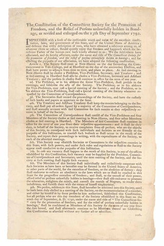 The Constitution of the Connecticut Society for the Promotion of Freedom, and for the Relief of Persons Unlawfully Holden in Bondage, as Revised and Enlarged on the 13th Day of September 1792.