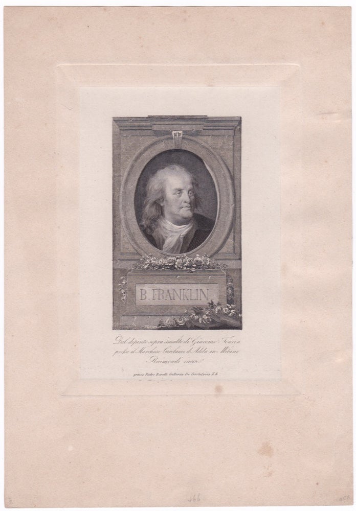 [3731329] B. Franklin. Dal dipinto sopra smalto di Giacomo Touron, presso il Marchese Girolamo d’Adda in Milano. Jean Baptiste WEYLER, Jacques THOURON.