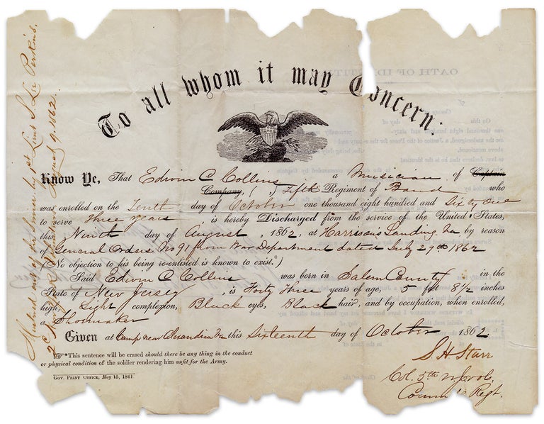 [3731462] To All Whom it May Concern, Know Ye, that Edwin A. Collins, a Musician of the Fifth Regiment of Band… (Civil War Discharge Paper). Edwin A. Collins.