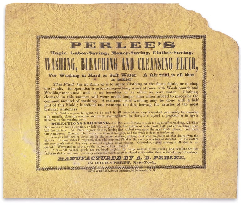 [3731491] Perlee’s Magic, Labor-Saving, Money-Saving, Clothes-Saving, Washing Bleaching and Cleansing Fluid [opening lines]. A B. Perlee.