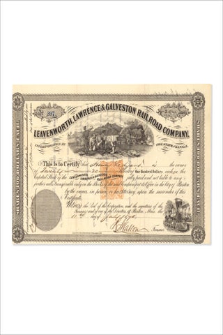 Leavenworth, Lawrence & Galveston Railroad Company – Circa 1871 stock certificate – LL & G RR Co.