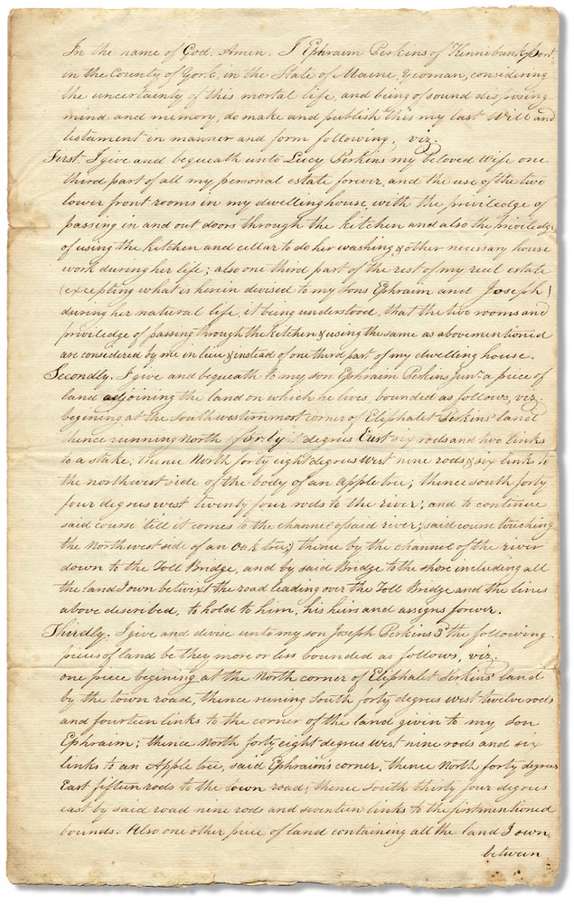 [3731780] 1822 Kennebunk, Maine Legal Document Proving the Last Will and Testament of Ephraim Perkins of Kennebunkport. Register George Thacher Jr.