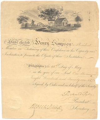 3731784] 1821 Engraved Certificate from The Philadelphia Society for Promoting Agriculture,...
